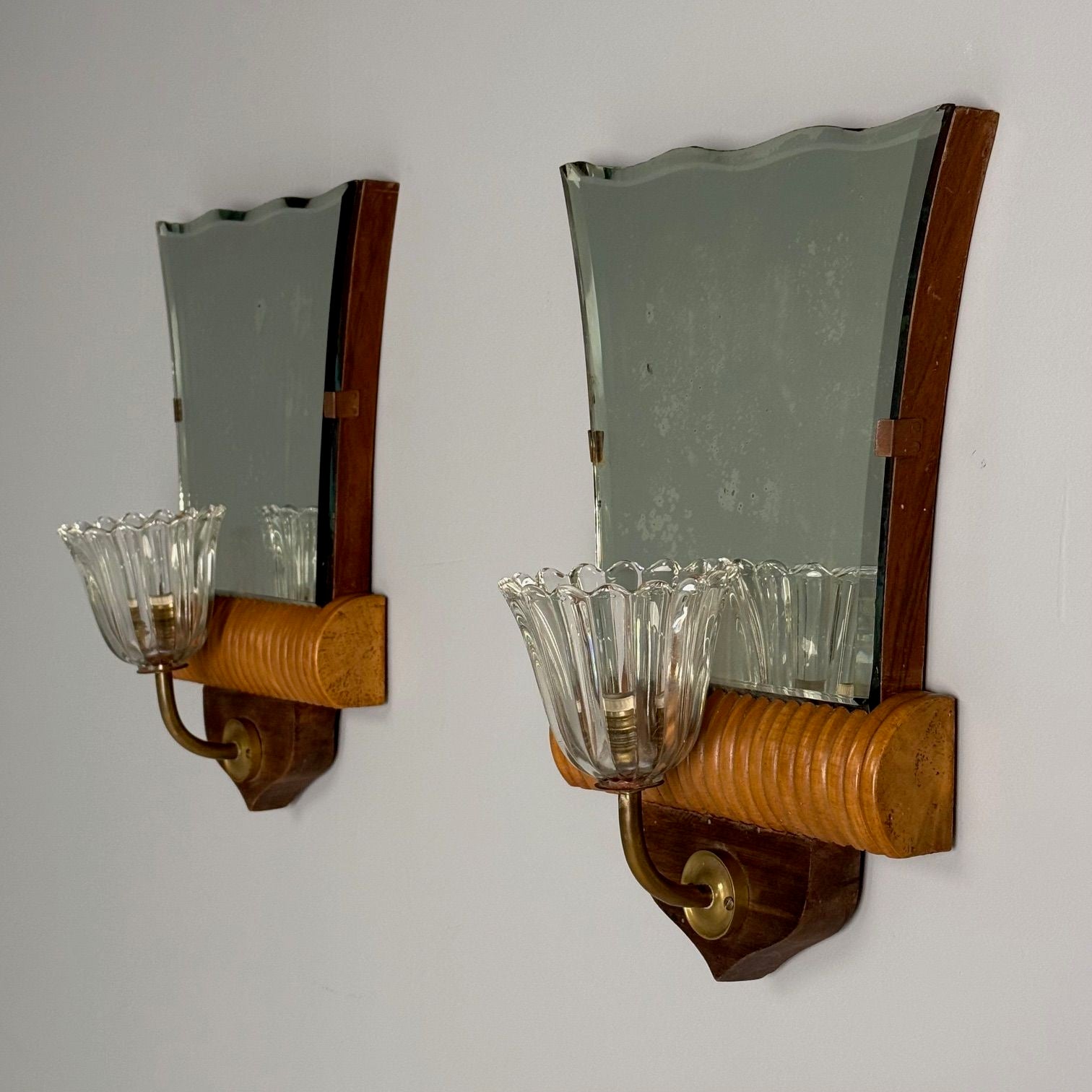 Italian Mid-Century Modern, Mirrored Wall Sconces, Brass, Wood, Italy, 1940s