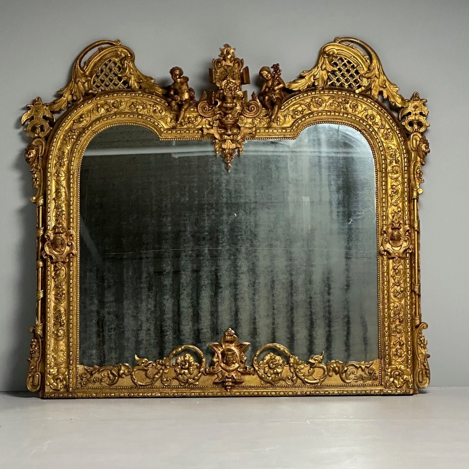 Italian Designer, Renaissance Style, Large Wall Mirror, Oil Gilded, Carved Wood