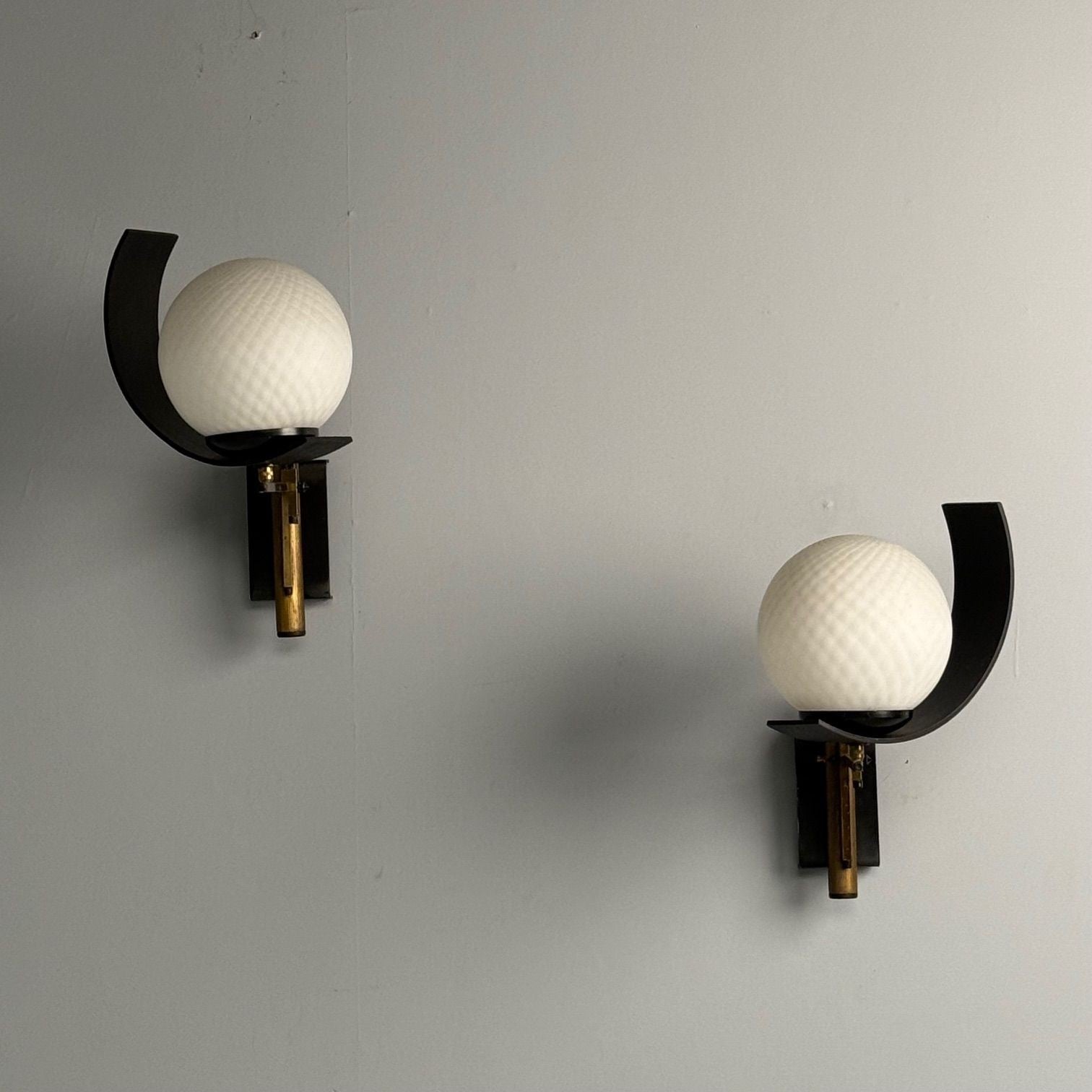 Stilux Attr., Italian Mid-Century Modern, Dome Wall Sconces, Brass, Iron, Glass