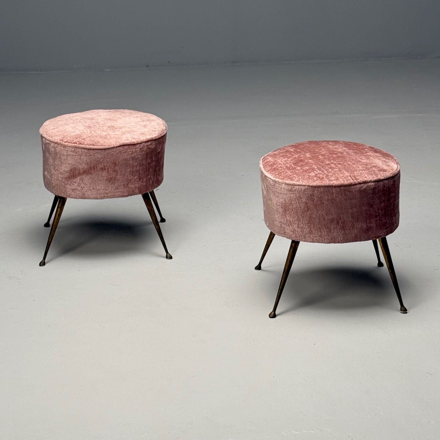 Italian Mid-Century Modern, Footstools, Patinated Brass, Pink Velvet, 1950s