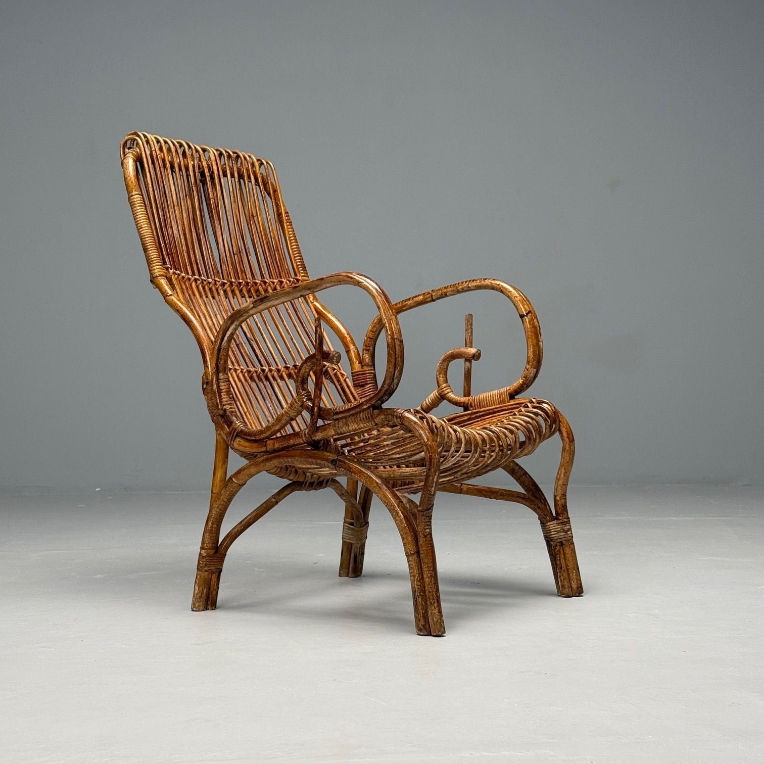 Italian Mid-Century Modern, Armchair, Rattan, Cane, Bamboo, Italy, 1960s