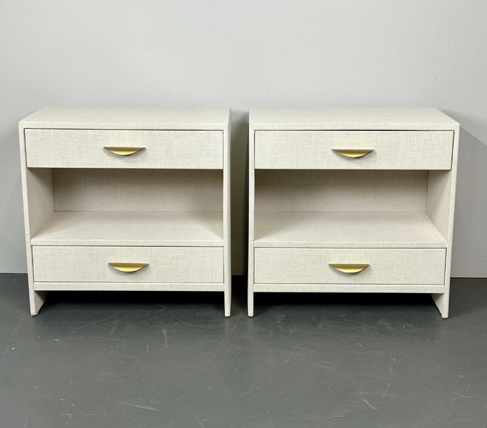 Pair Custom Linen Wrapped Open Commodes, Chests, Nightstands, White, American