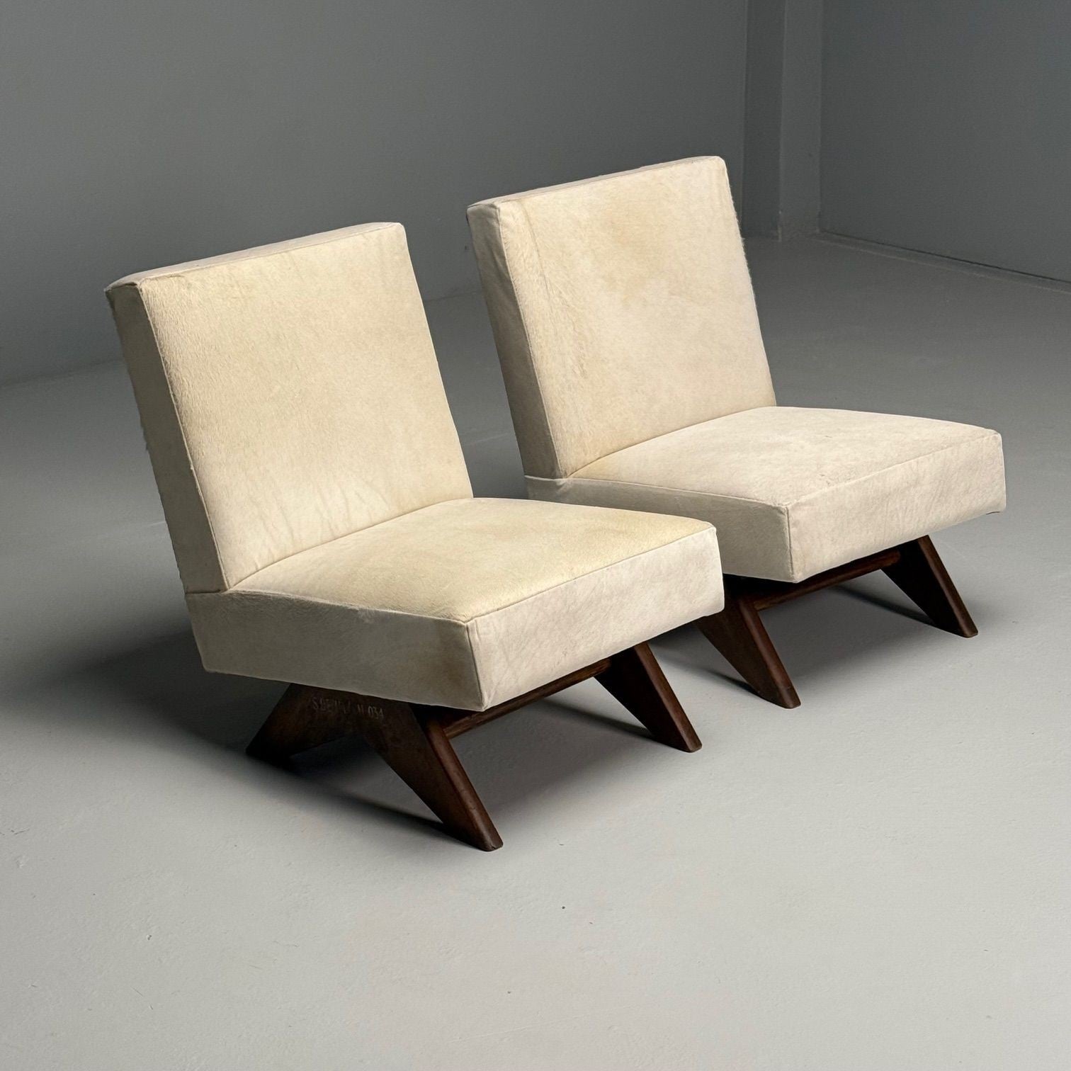 Pierre Jeanneret, French Mid-Century Modern, Slipper Chairs, White Cowhide, Teak