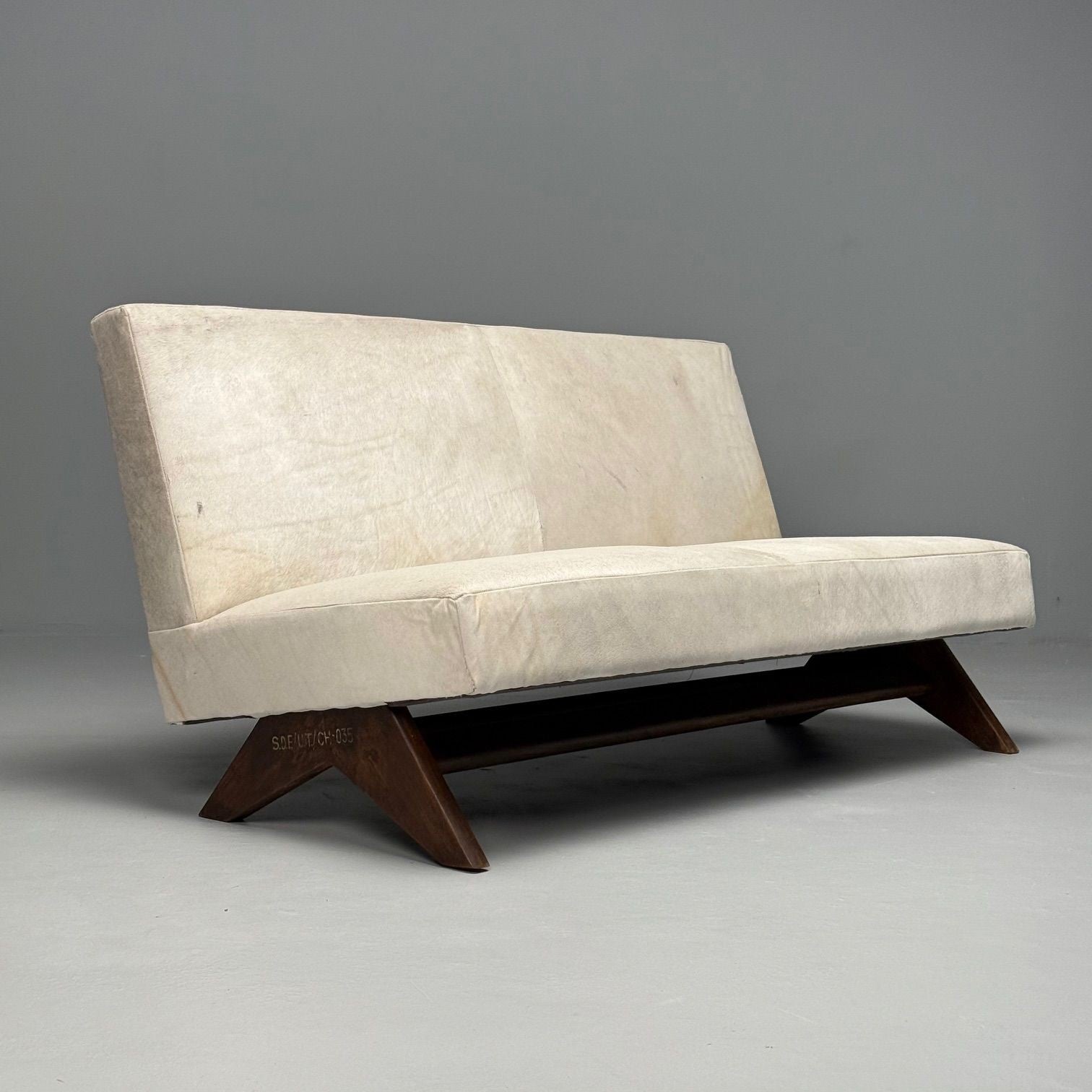 Pierre Jeanneret, French Mid-Century Modern, Fireside Sofa, Teak, White Cowhide