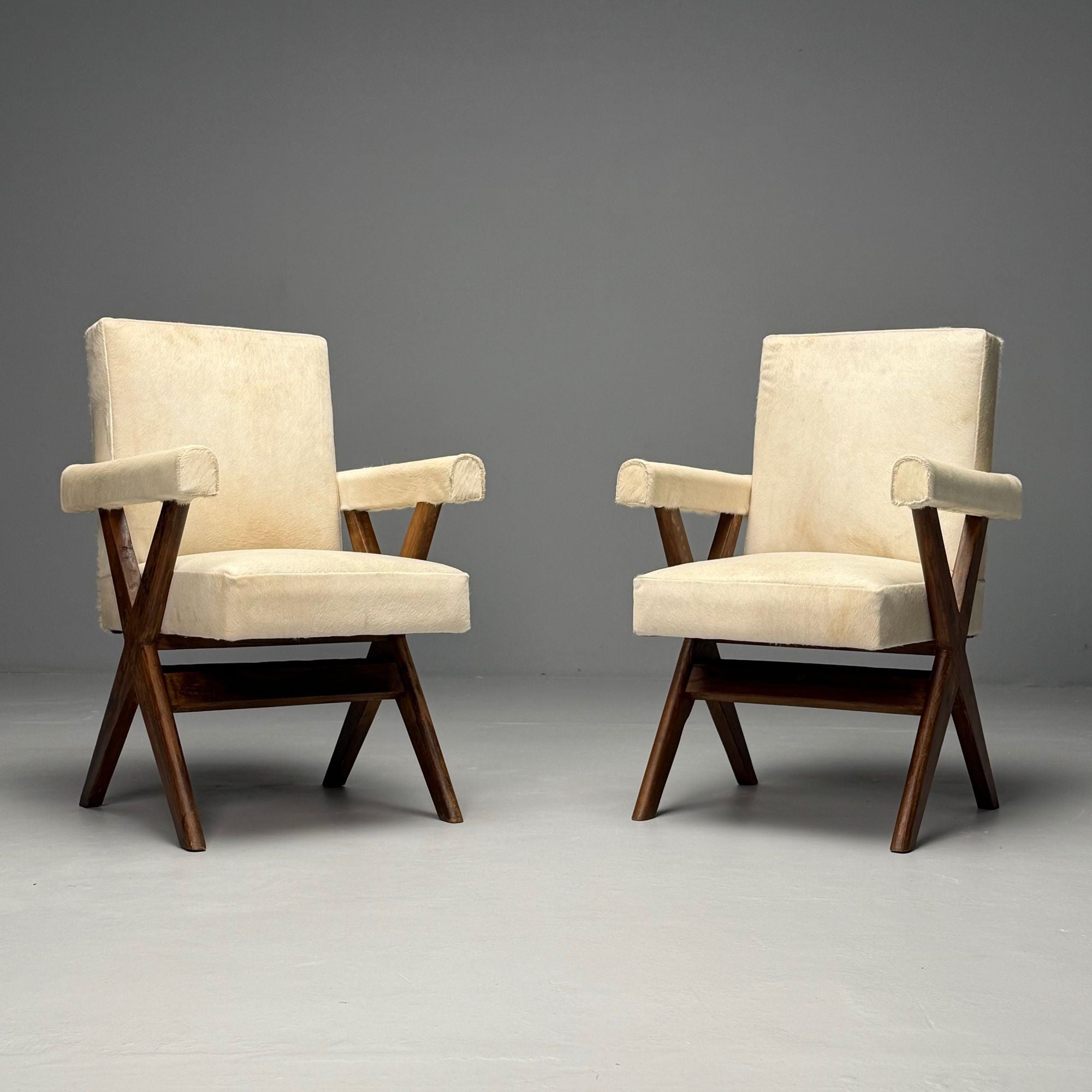 Pierre Jeanneret, French Mid-Century Modern, Upholstered Arm Chairs, Cowhide