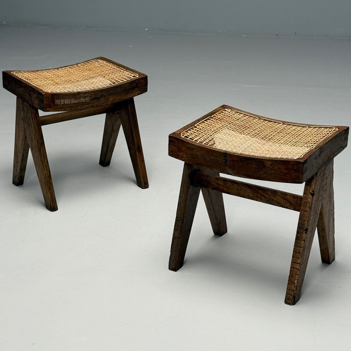 Pierre Jeanneret, French Mid-Century Modern, Footstools, Teak, Cane, Chandigarh