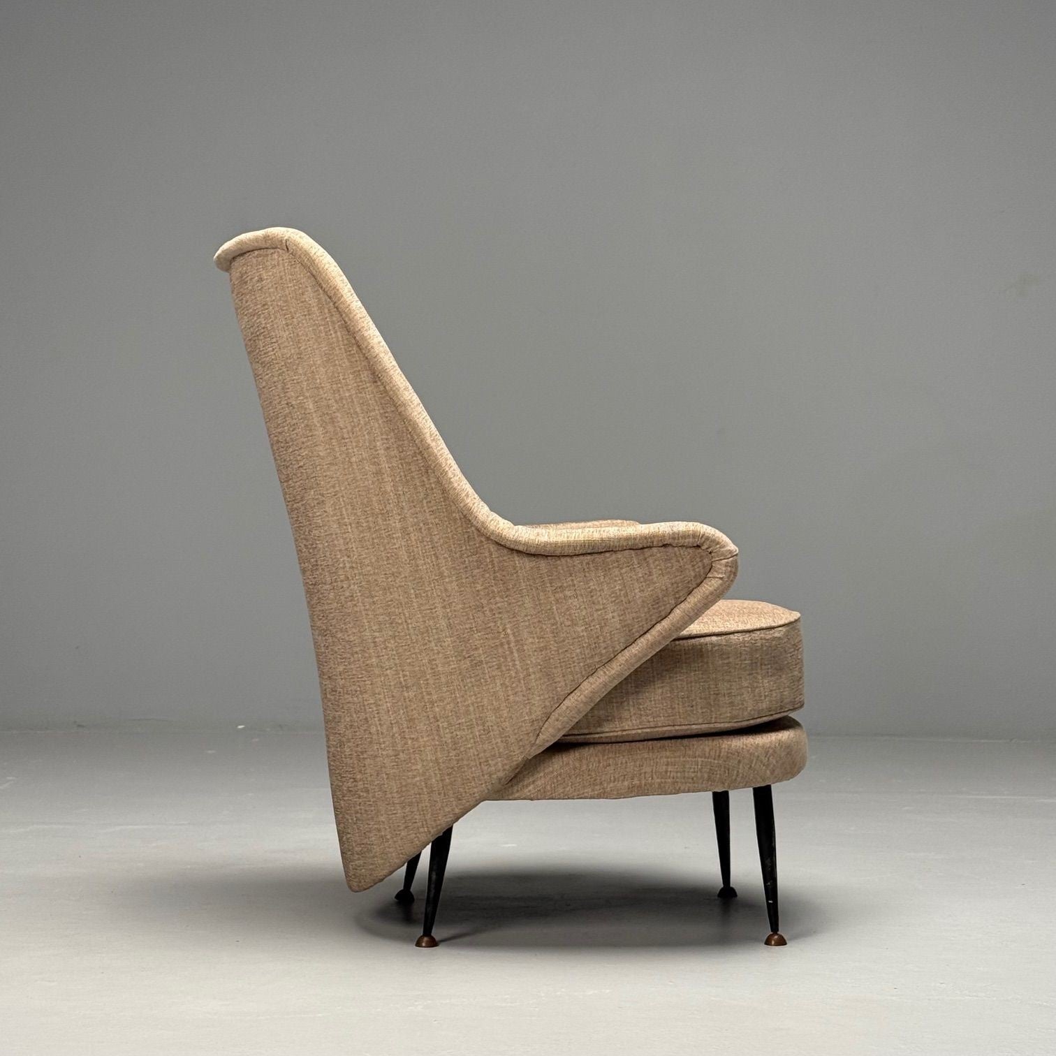 ISA Bergamo, Italian Mid-Century Modern, Armchair, Beige Linen, Brass, 1950s