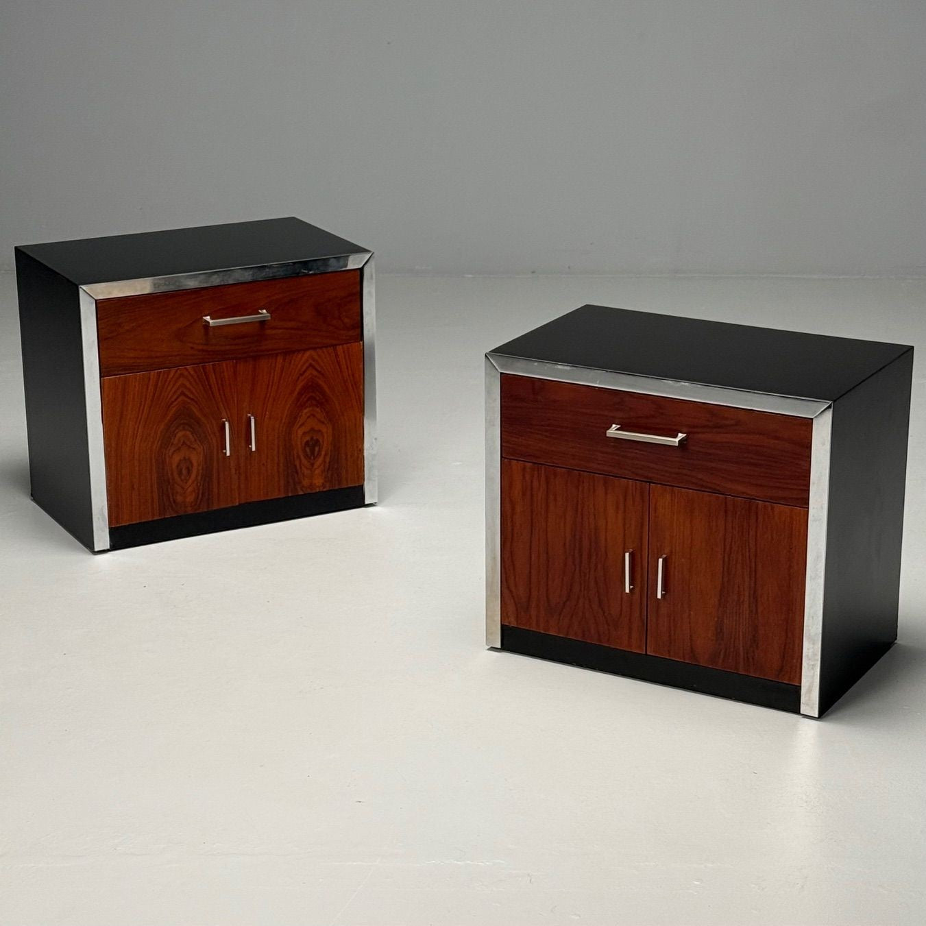 Milo Baughman Style, Mid-Century Modern, Nightstands, Rosewood, Chrome, 1970s