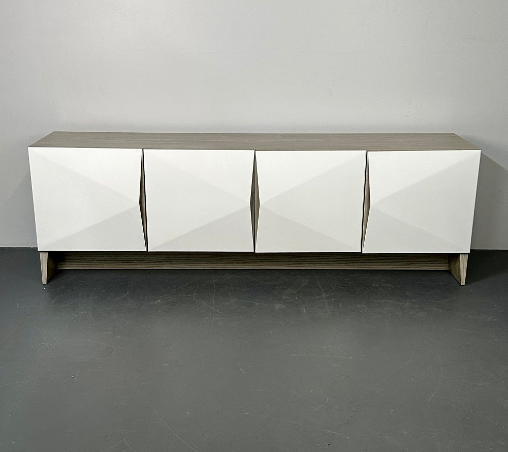 Modern Geometric Ceruse Oak Dresser, Sideboard, Cabinet, White Lacquered,