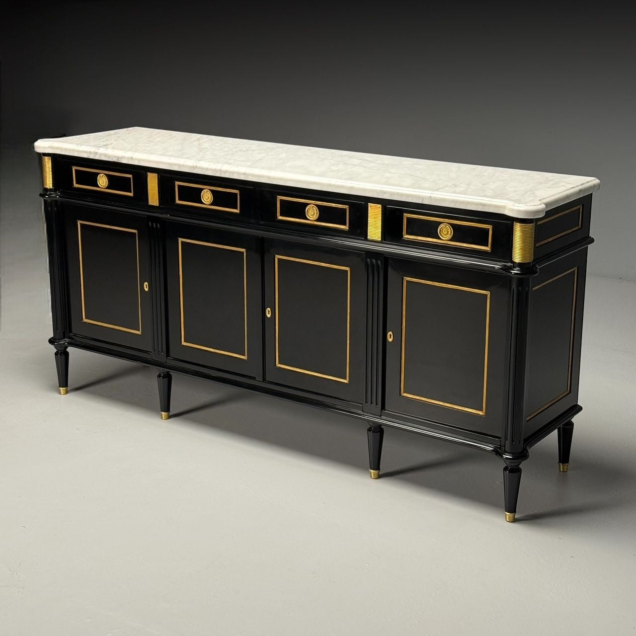 Louis XVI Style, Hollywood Regency, Sideboard, Black Lacquer, Marble, Bronze