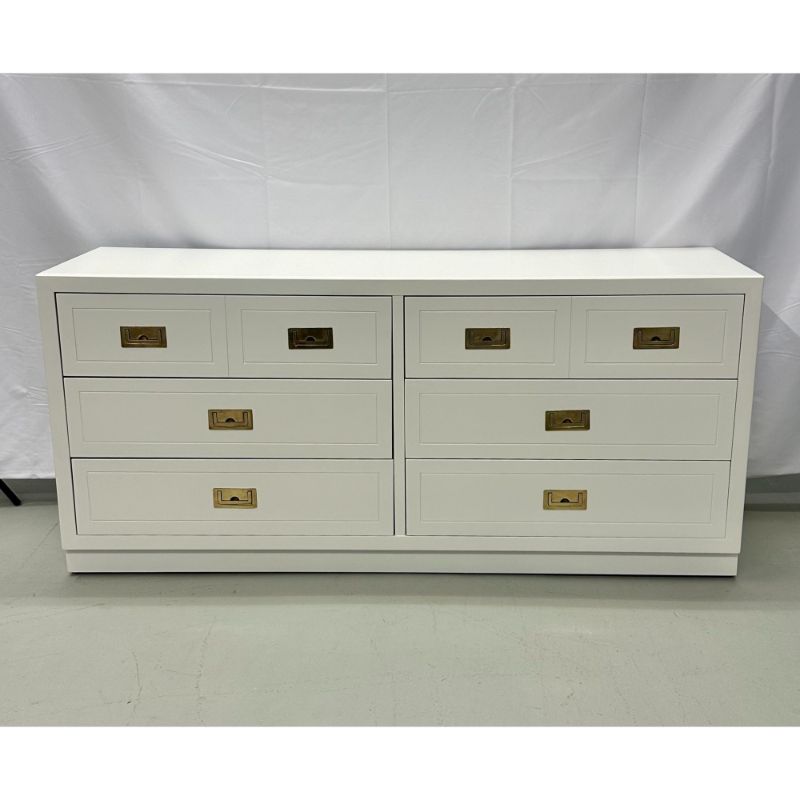 Mid-Century Modern White Campaign Dresser / Chest of Drawers, America, Brass