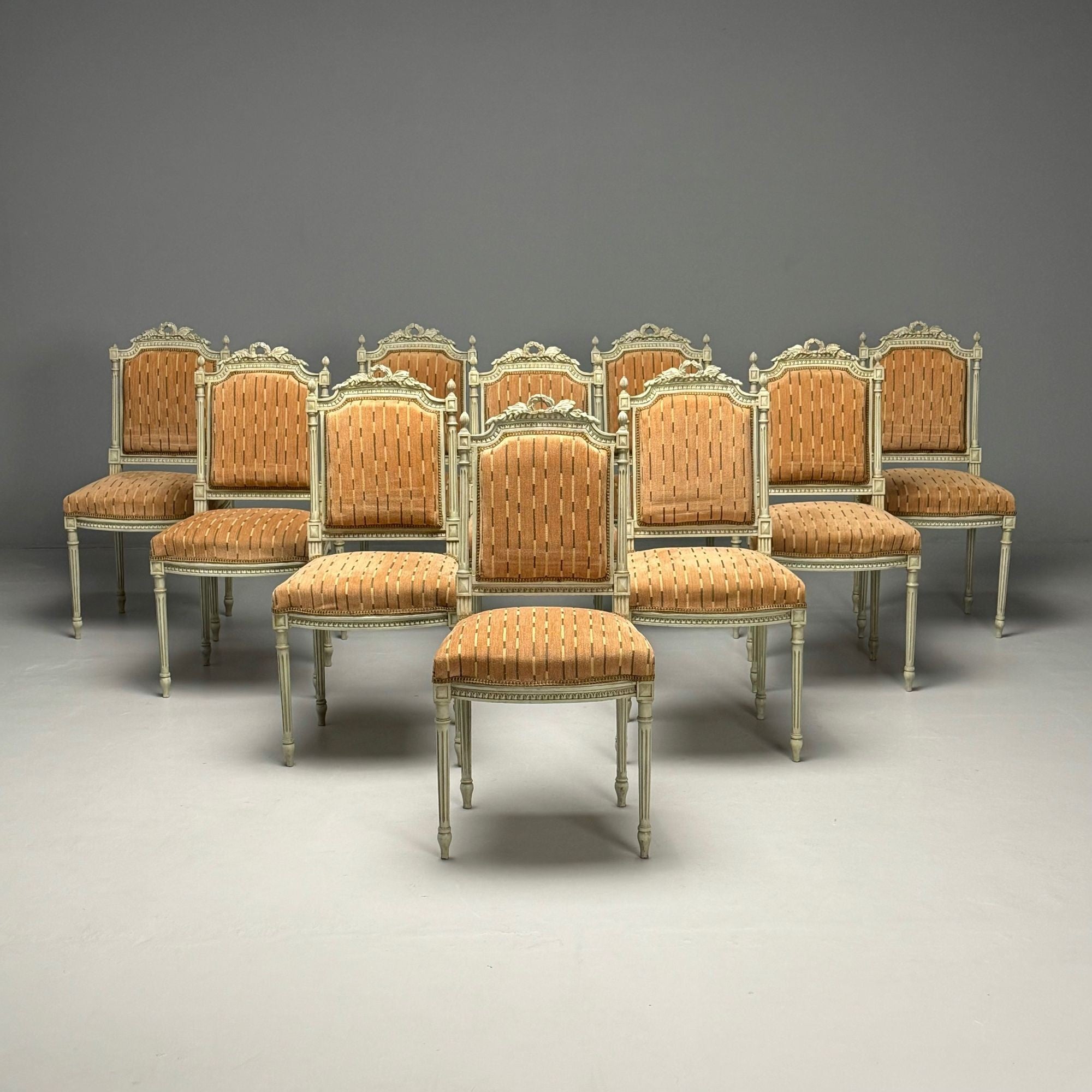 Swedish Louis XVI Style, Ten Dining Chairs, Grey Carved Wood, Fabric, 20th C.