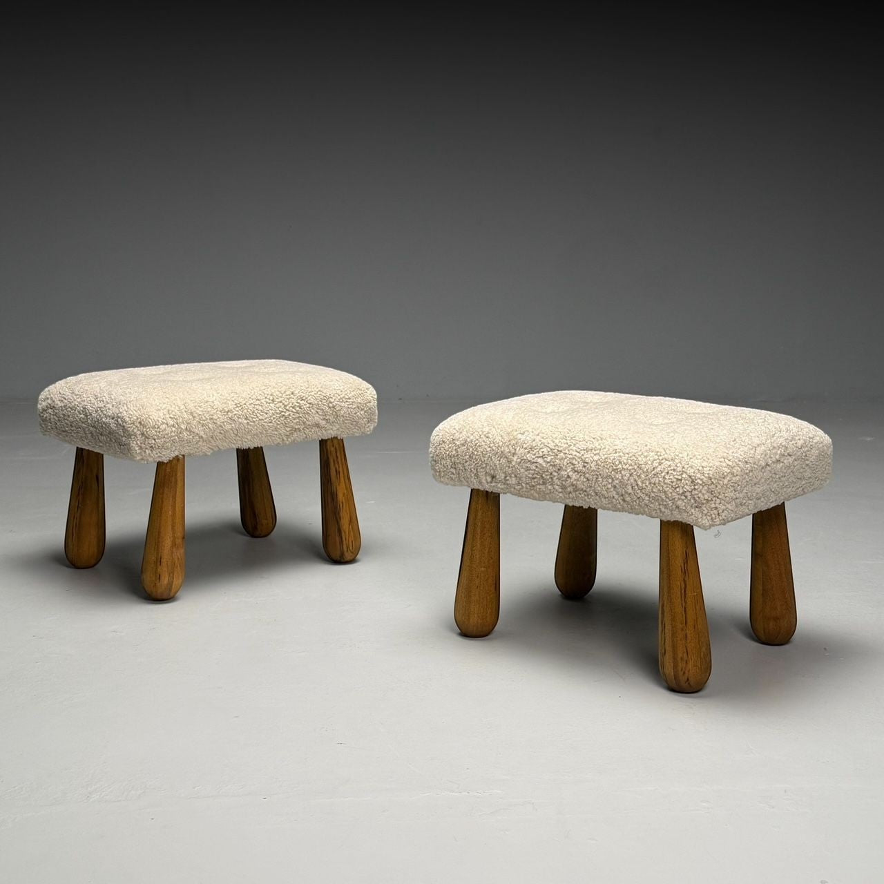 Contemporary, Danish Mid-Century Modern Style, Small Benches, Shearling, Maple