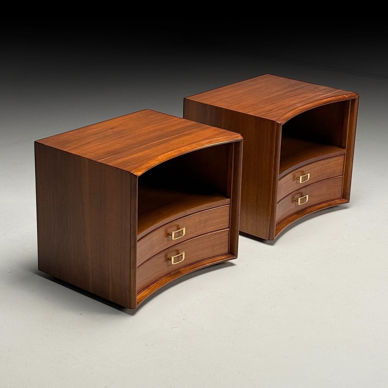 Paul Frankl, John Stuart, Mid-Century Modern, Concave Nightstands, Walnut, 1950s