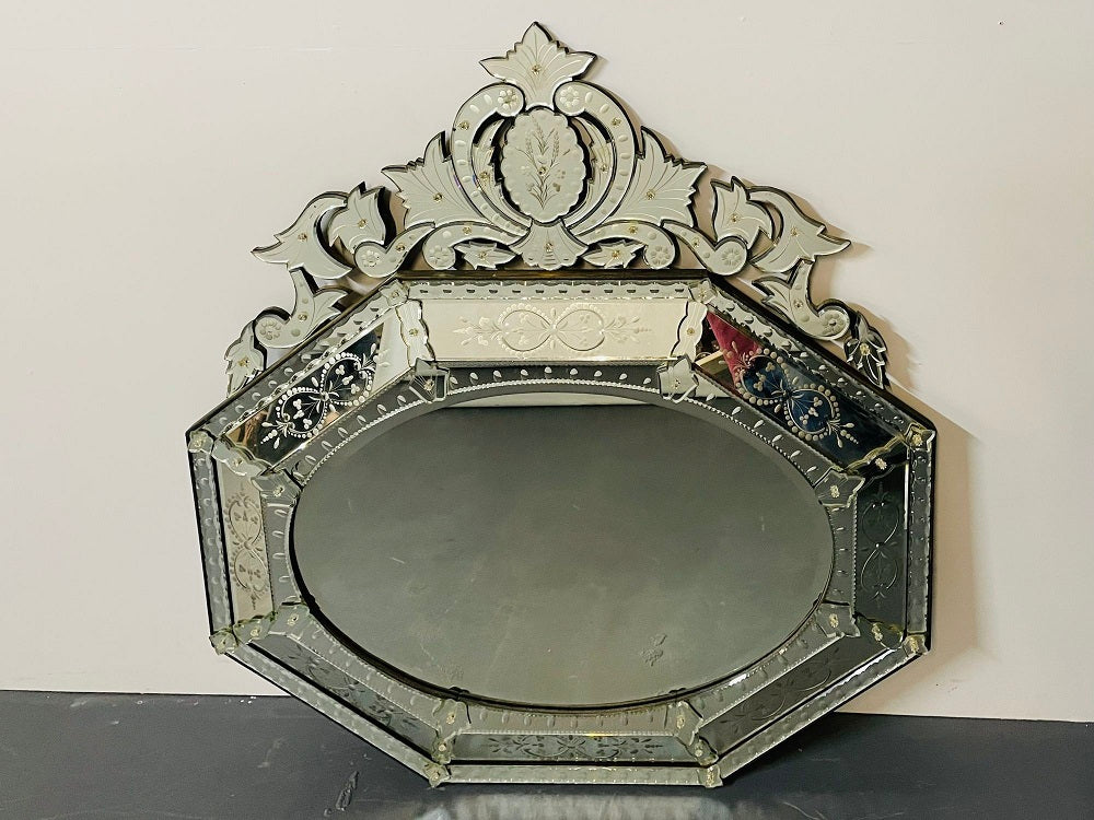 Large French Venetian Style Wall / Console Mirror, Floral Etched Glass, Beveled