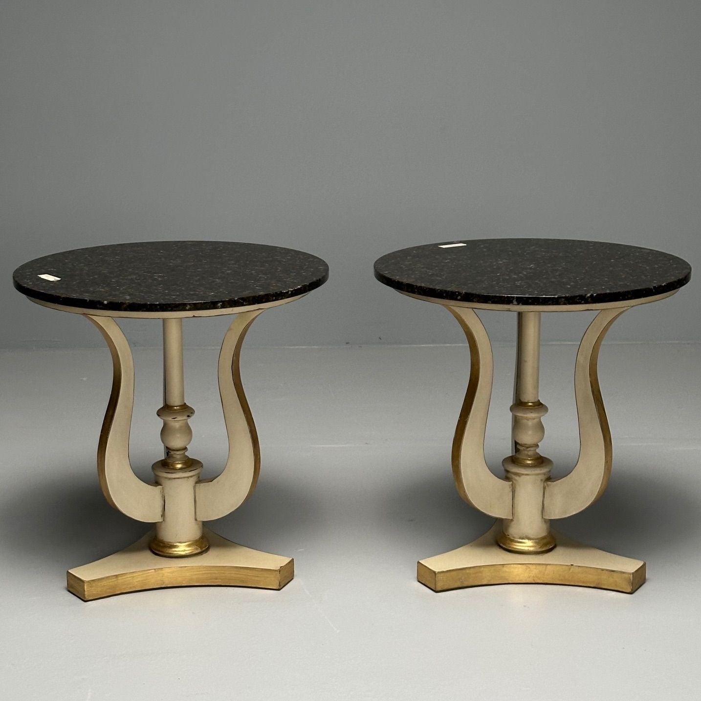 Regency, Side Tables, Pedestals, Ivory Paint, Giltwood, Marble Tops, USA, 1960s