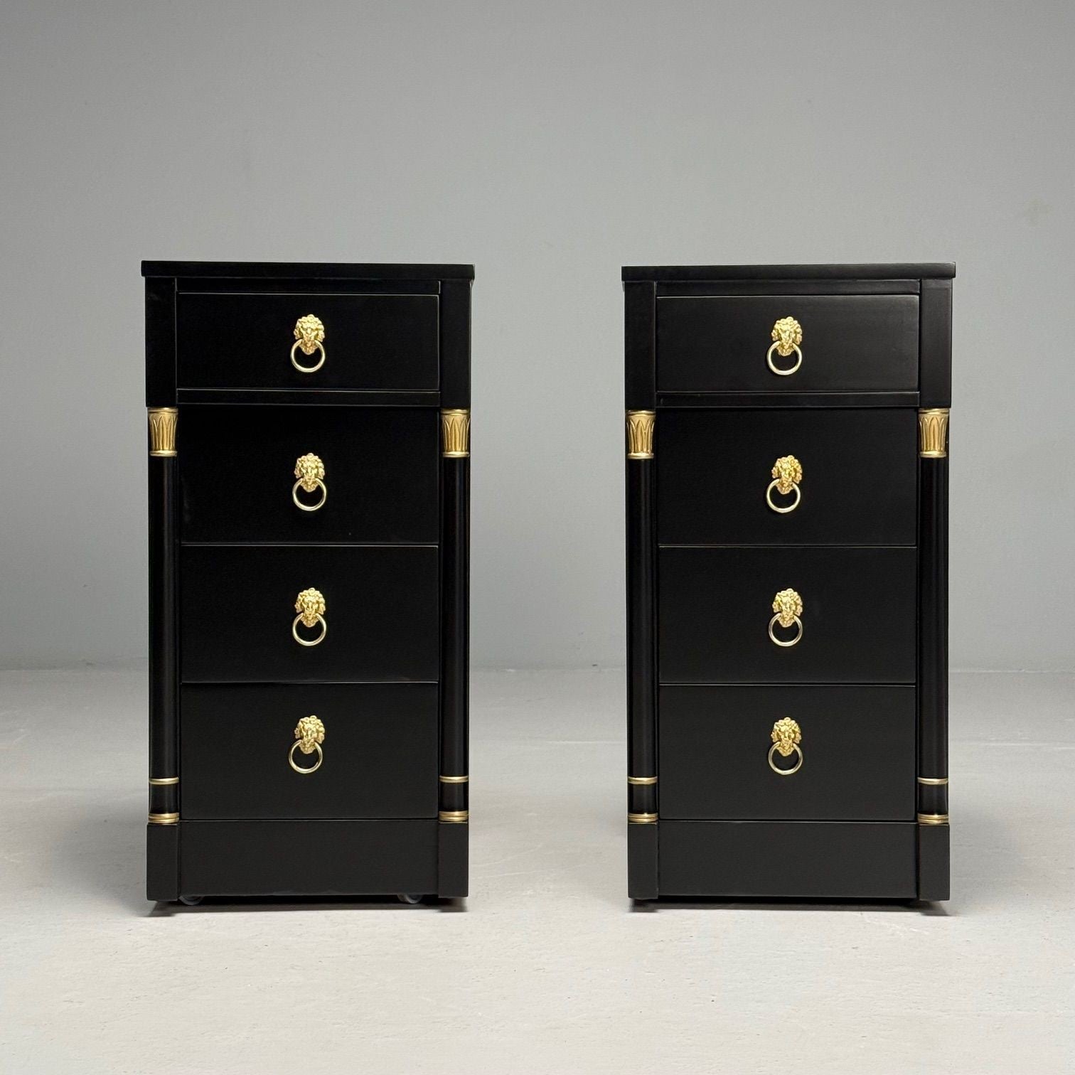 Jansen Style, Hollywood Regency, Nightstands, Ebony Finish, Bronze, 1940s