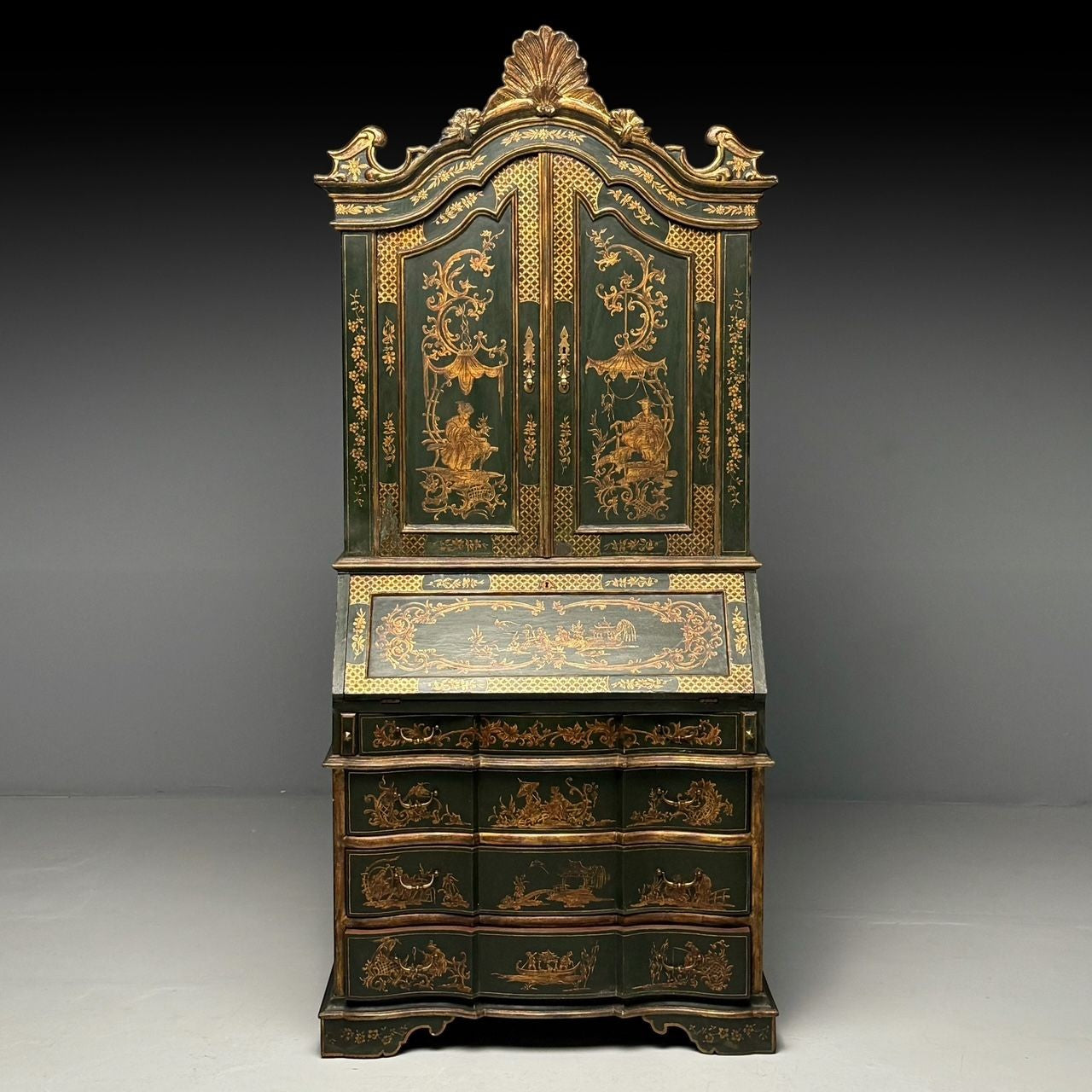 George I Style, Chinoiserie, Green-Japanned Desk, Bookcase, Parcel-Gilt, 1920s