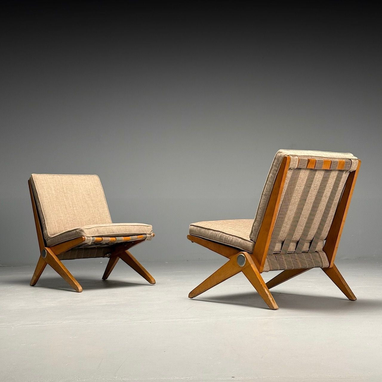 Pierre Jeanneret, Knoll, Mid-Century Modern, Scissor Chairs, Tan Linen, 1950s