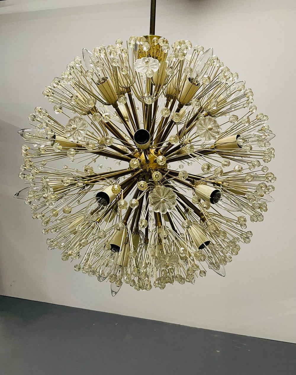 Pair of Mid-Century Modern Austrian Circular Chandeliers, Brass and Glass, 1960s