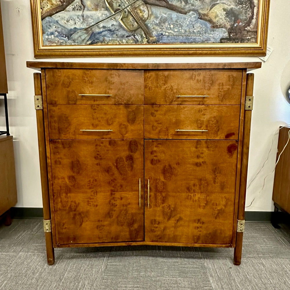 Mid-Century Modern Burlwood Hi-Boy Dresser / Wardrobe Cabinet, Brass Accent