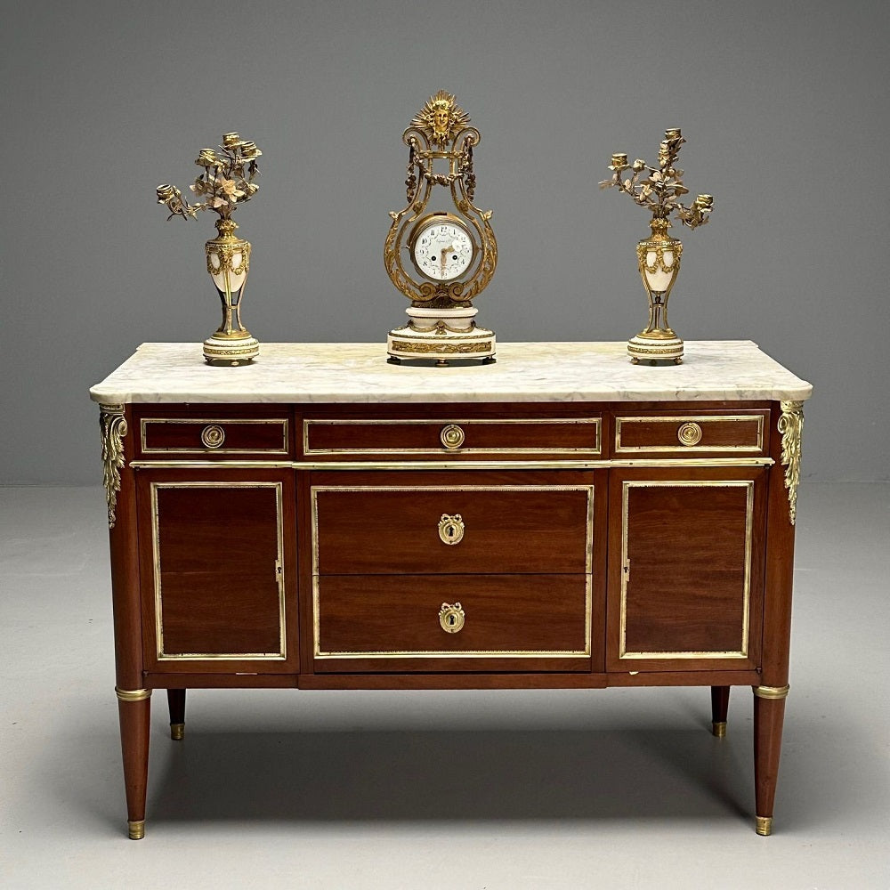 Hollywood Regency, French Louis XVI Style Commode, Mahogany, Oak, Marble, 1920s