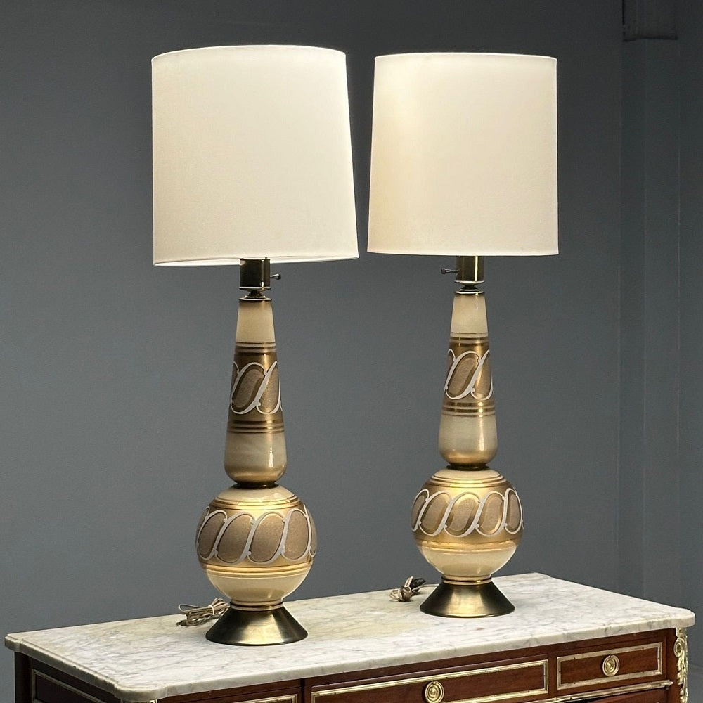 Italian Mid-Century Modern, Large Table Lamps, Gold Glass, Brass, Italy, 1960s