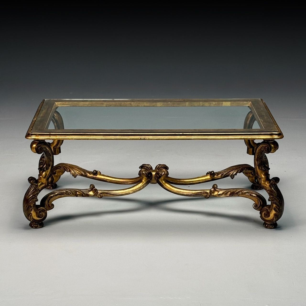 Hollywood Regency, Coffee Table, Gilt Wood, Gold Leaf, Glass, Italy, 1960s