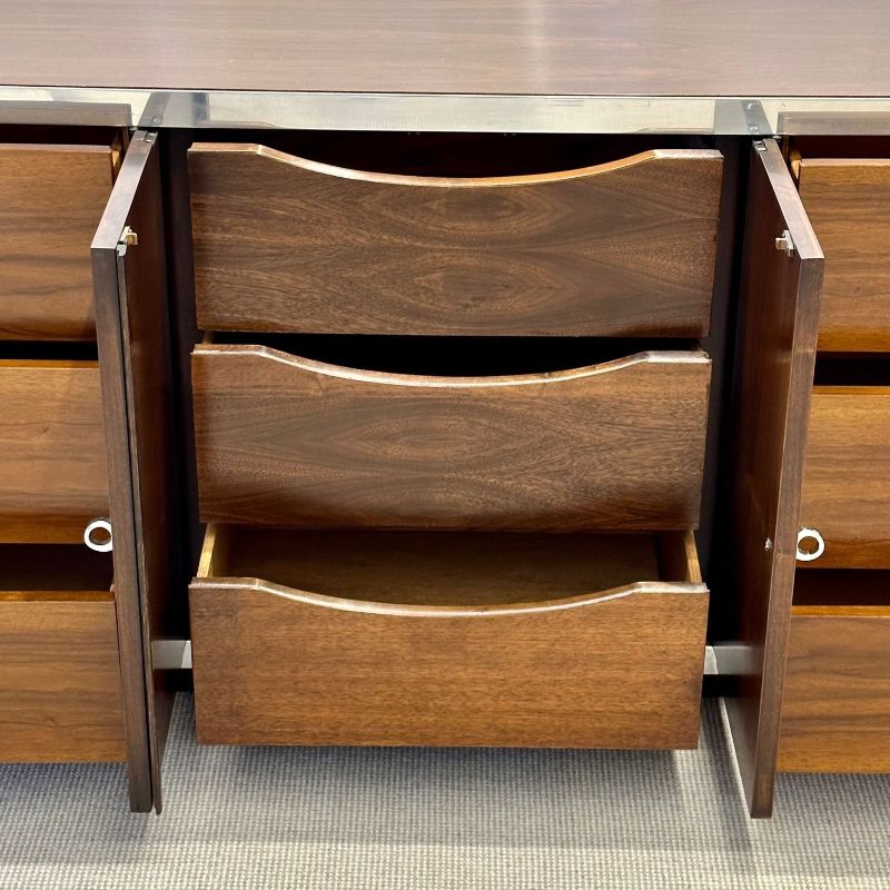 Compatible Pair of Mid-Century Modern Milo Baughman Dressers, Burlwood, Chrome