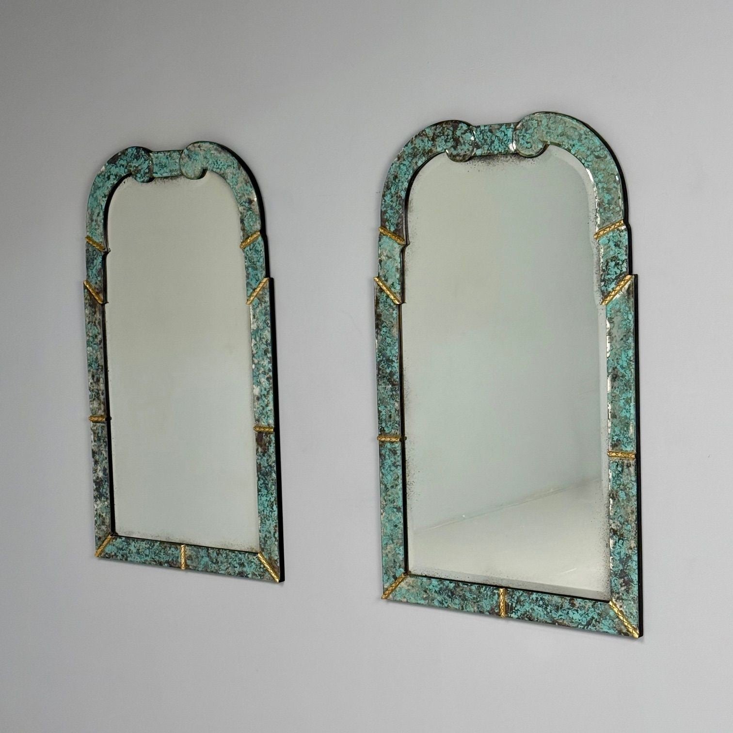 Art Deco Style, Venetian Wall Mirrors, Green Antiqued Beveled Glass, 21st C.