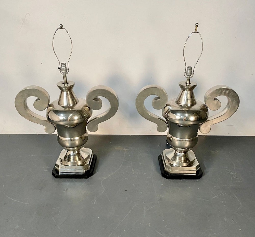 Pair of Hollywood Regency Polished Nickel Table Lamps, Large Urns