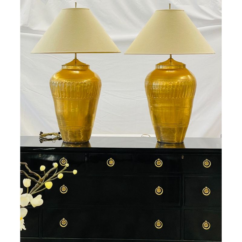 Palatial Pair of Gilt Metal Urn Form Table Lamps, Hollywood Regency