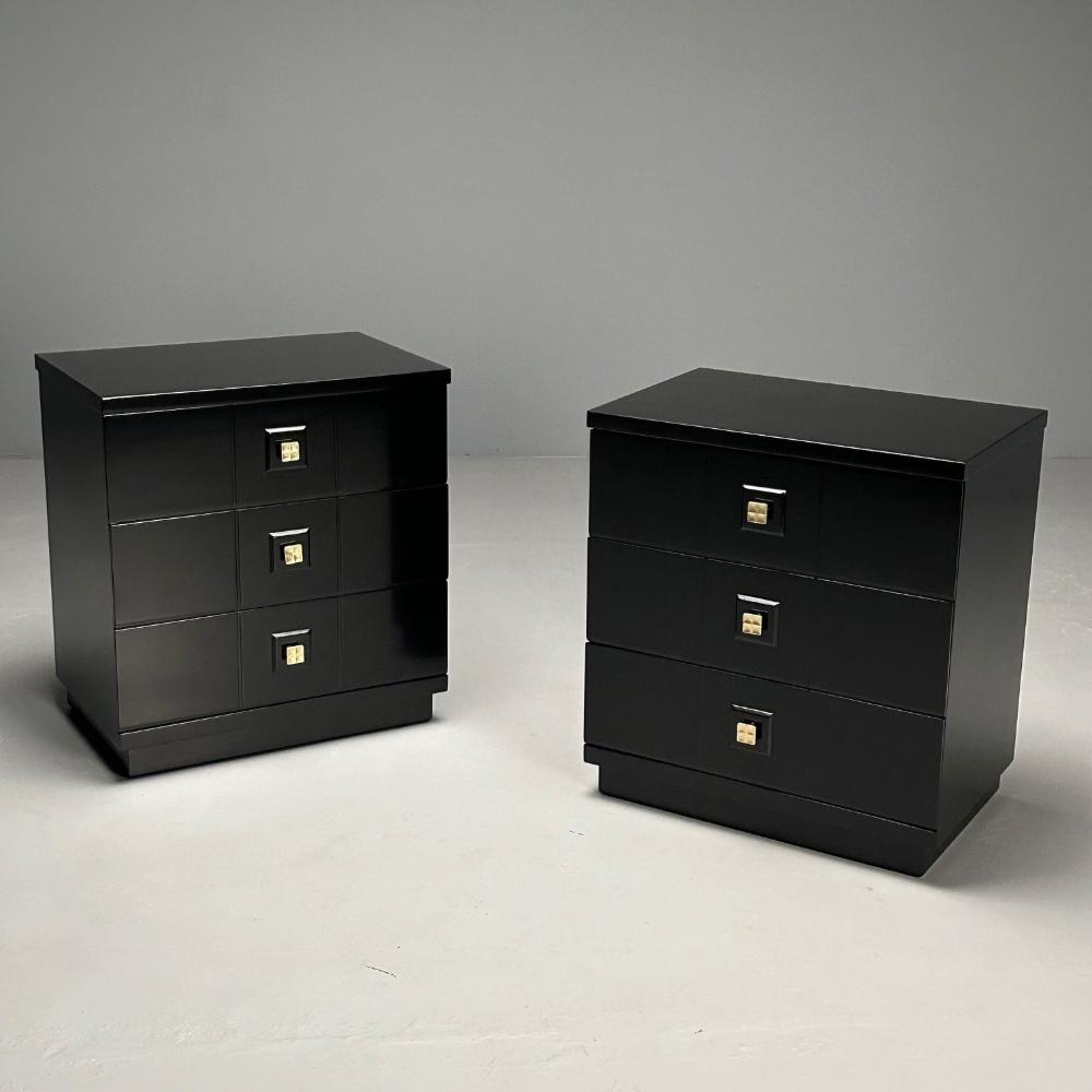 Mid-Century Modern, Nightstands, Chests, Black Lacquer, Brass, USA, 1970s