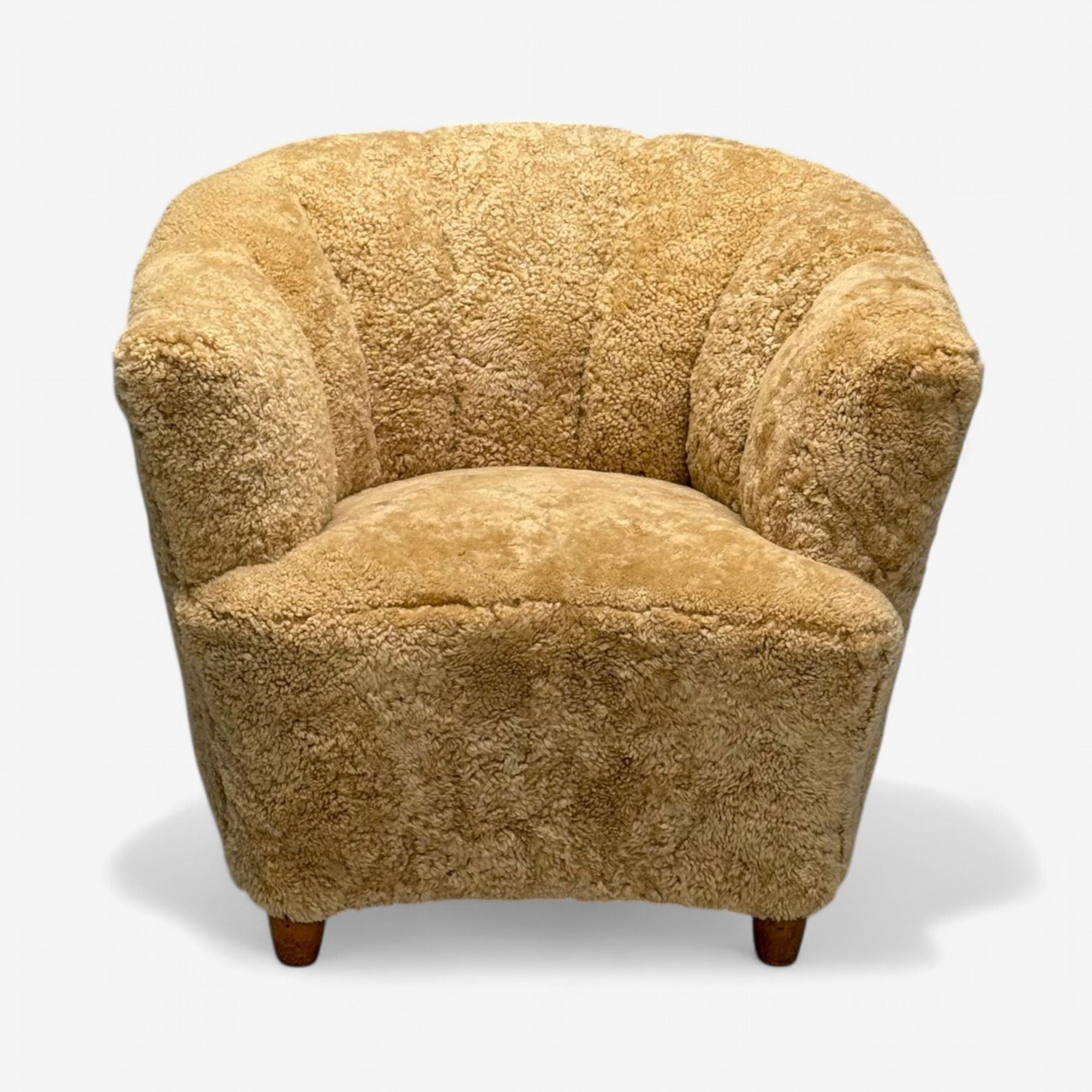 Danish Cabinetmaker, Banana Lounge Chair, Honey Sheepskin, Denmark, 1940s