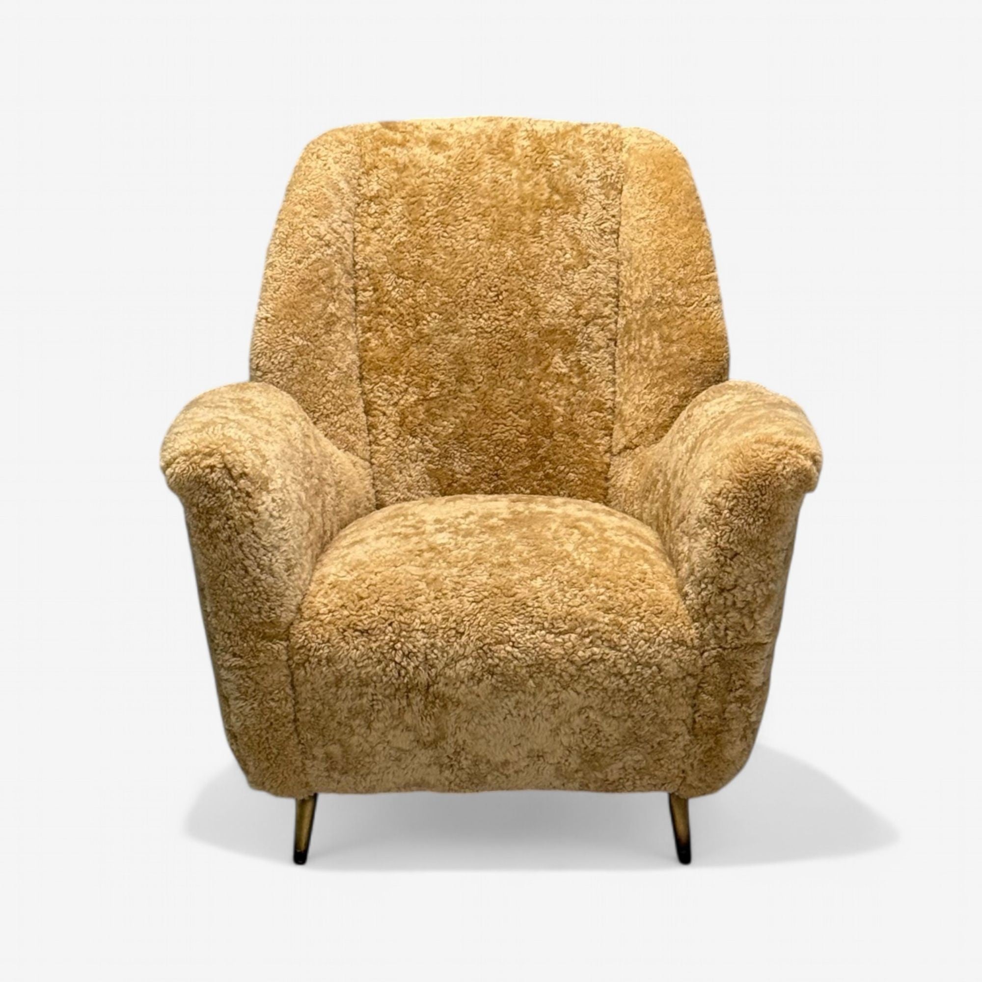 ISA Bergamo, Italian Mid-Century Modern, Lounge Chair, Brass, Shearling, 1950s