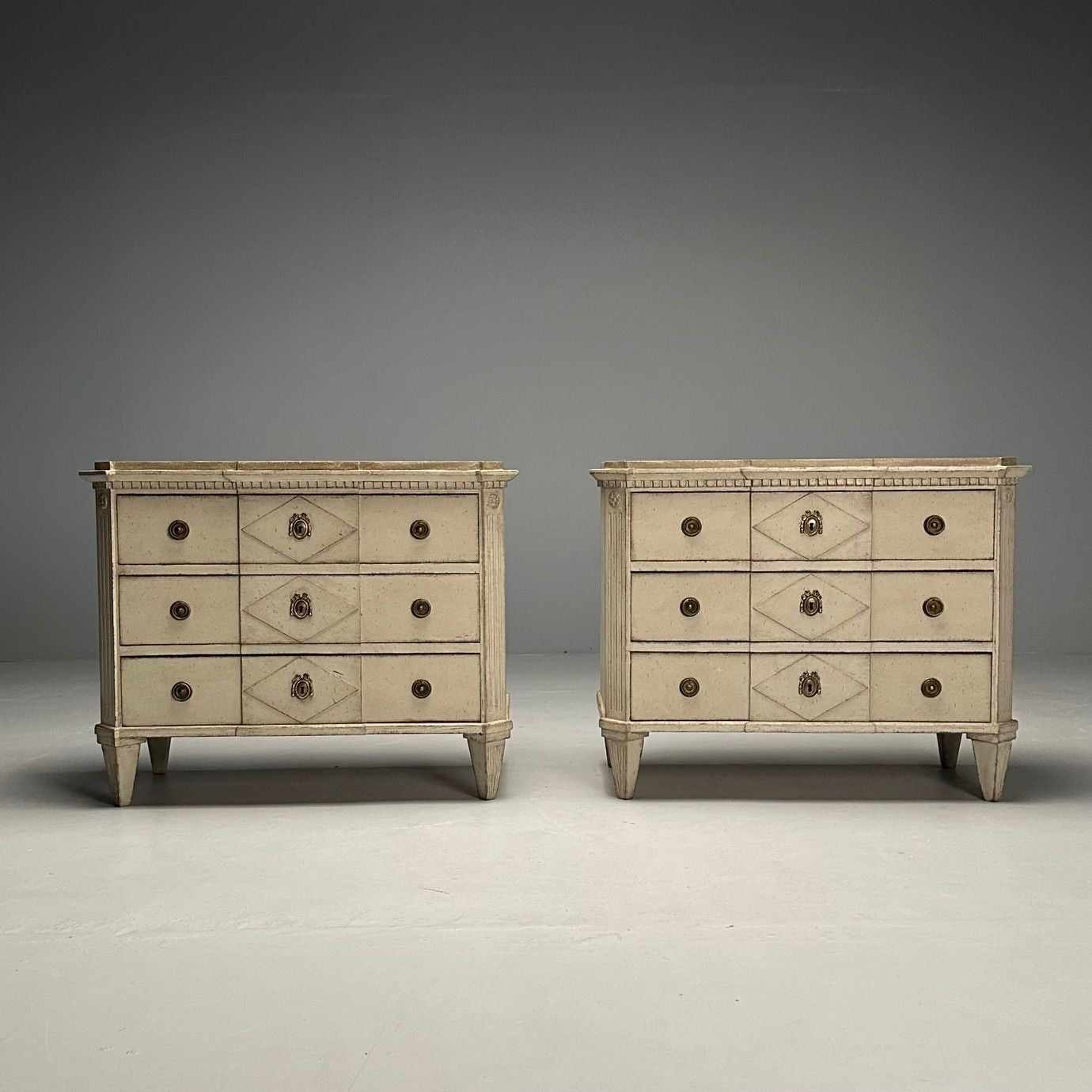 Gustavian, Swedish Commodes, Beige Paint Distressed, Brass, Sweden, 19th C.