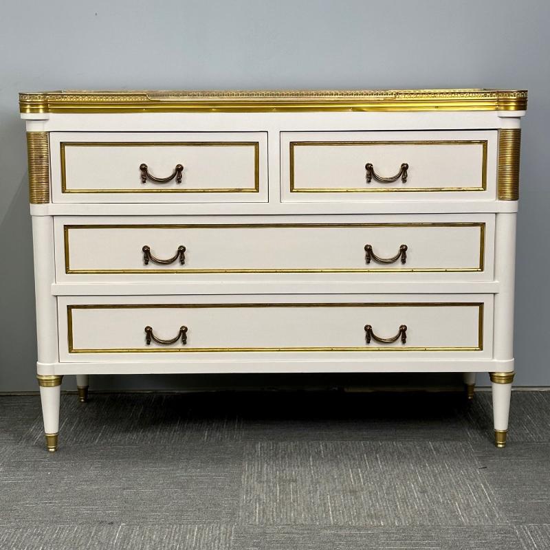 Louis XVI Hollywood Regency Maison Jansen Style White Commodes / Nightstands