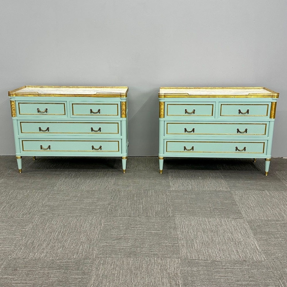 Louis XVI Hollywood Regency Jansen Style Mint Green Commodes / Nightstands