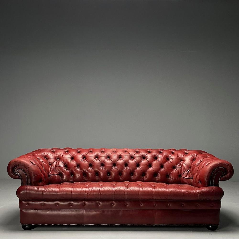 Georgian, Chesterfield Sofa, Tufted, Red Distressed Leather, Bun Feet, 2000s