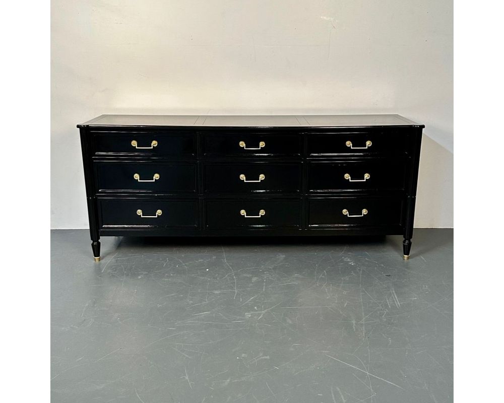 Hollywood Regency Louis XVI Style Ebony Lacquered Dresser / Chest of Drawers