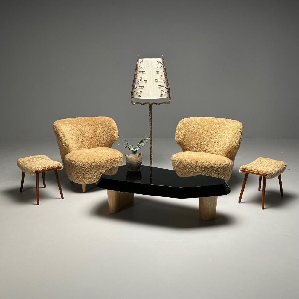 Swedish Mid-Century Modern, Stools, Honey Sheepskin, Walnut, Sweden, 1970s