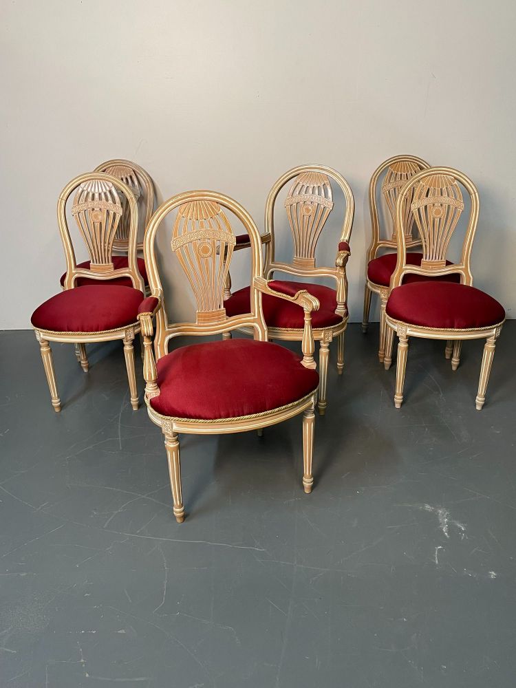 Six Louis XVI Maison Jansen Style Bleached Balloon Back Dining Chairs, Whitewash