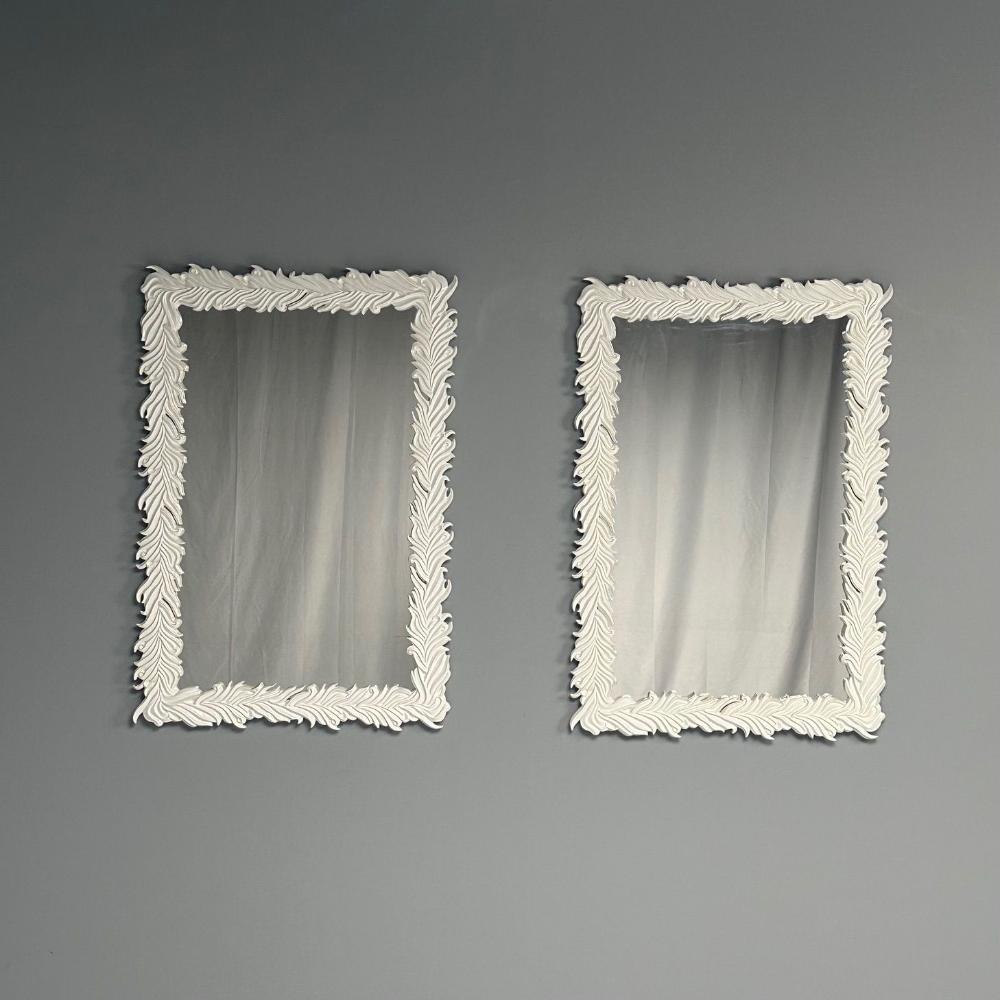 Serge Roche Style, Contemporary, Rectangular Leaf Wall Mirrors, White Lacquer