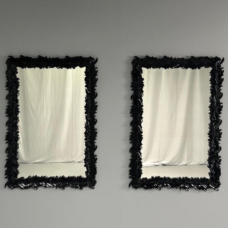 Serge Roche Style, Modern, Rectangular Leaf Wall Mirrors, Black Lacquer