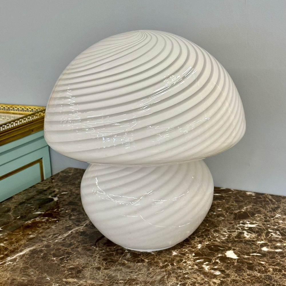 Italian Mid-Century Modern Mushroom Lamp, White Murano Glass, Swirl Blown Glass