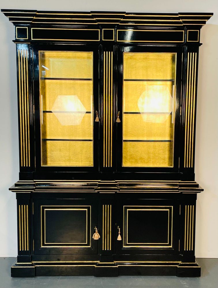 Hollywood Regency Maison Jansen Style Bookcase / Cabinet, Ebony, Gold Leaf