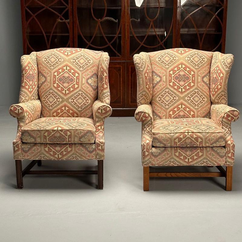 English Georgian Style, Wingback Chairs, Pink Aztec Print, Tapestry Fabric