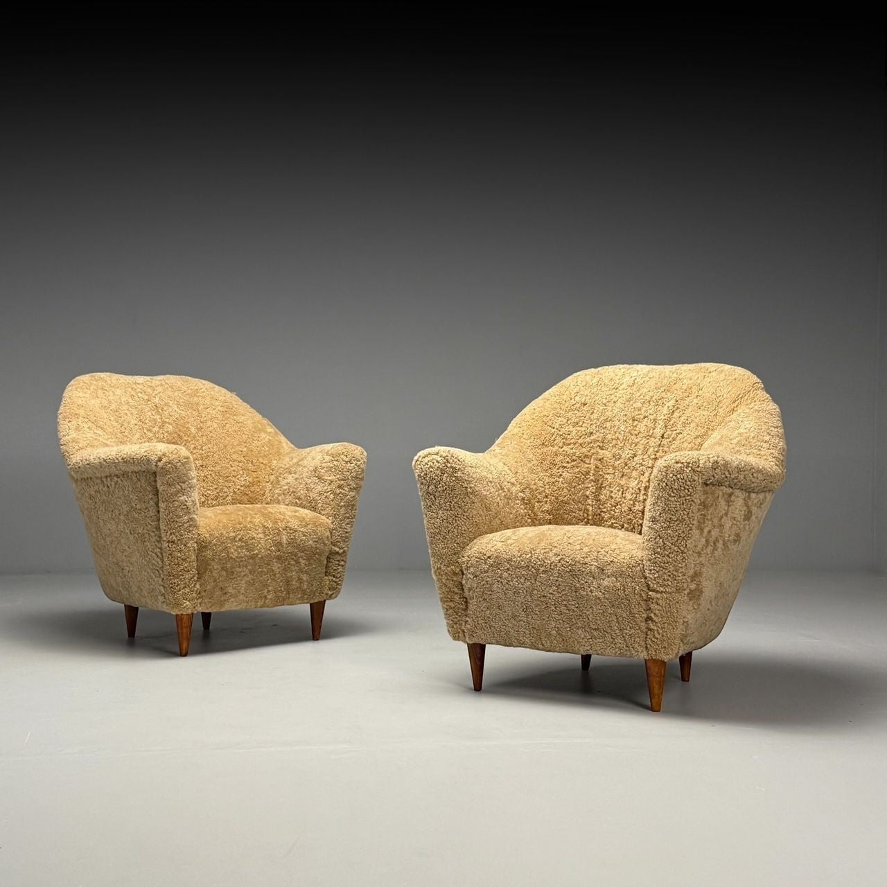 Italian Mid-Century Modern, Lounge Chairs, Honey Shearling, Stained Wood, 1950s