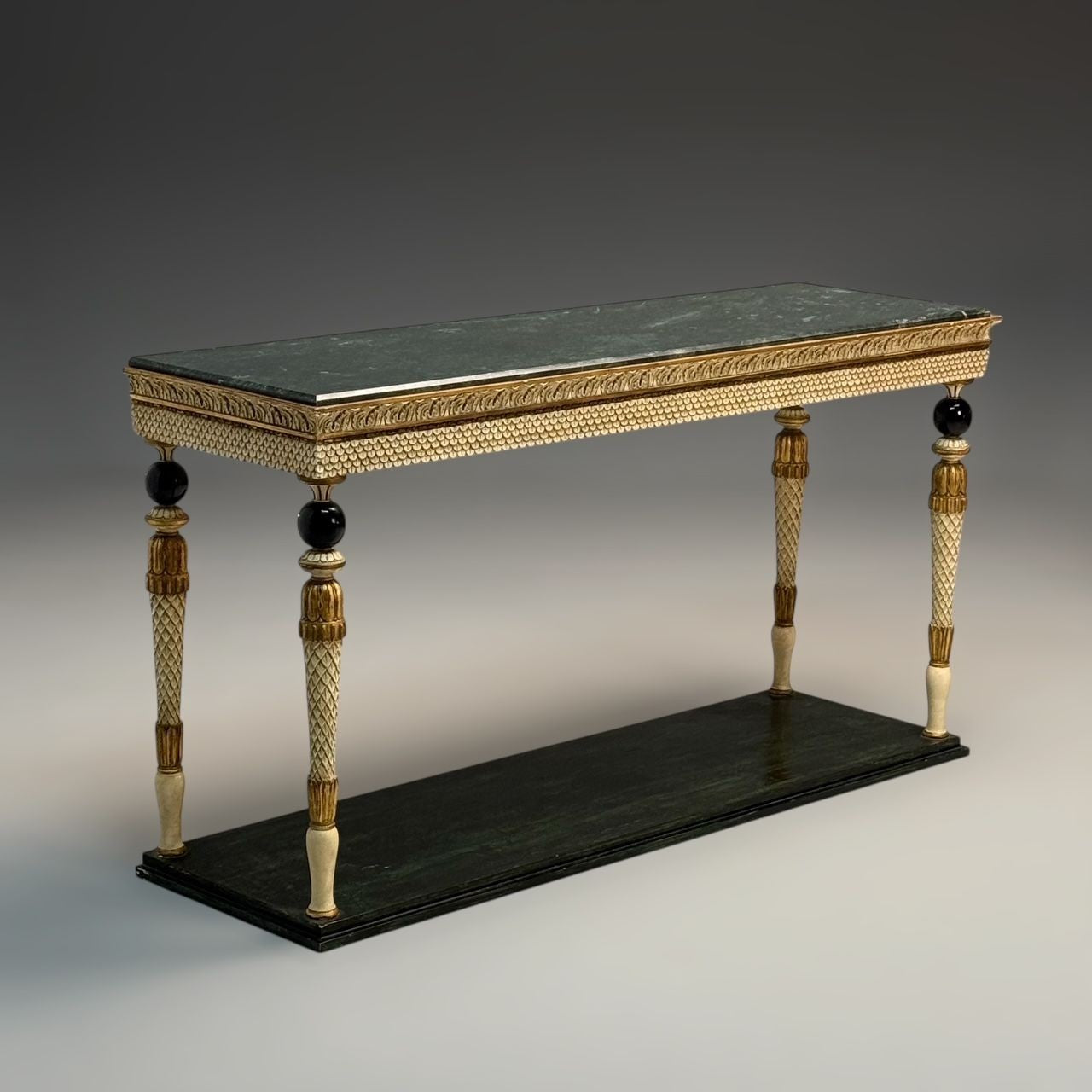 Maison Jansen Neoclassical Style Console Tables, Carved Wood, Green Marble