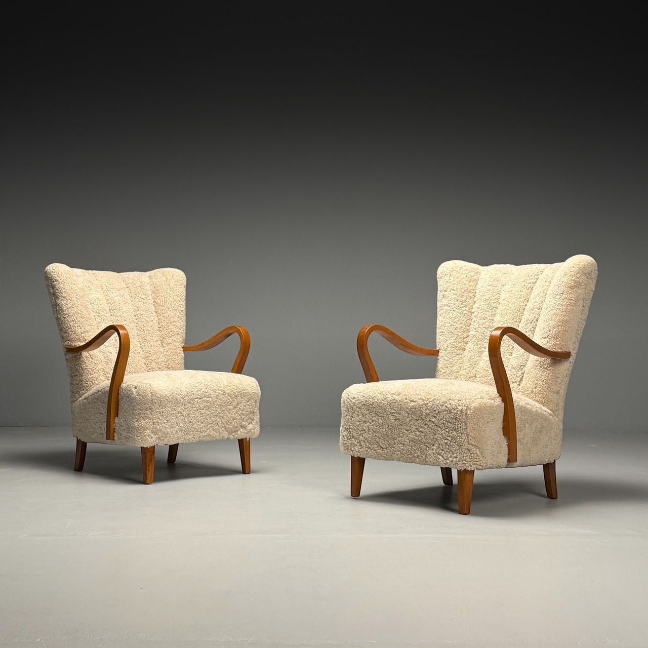 Swedish Mid-Century Modern, Lounge Chairs, Beige Sheepskin, Oak, Sweden, 1940s